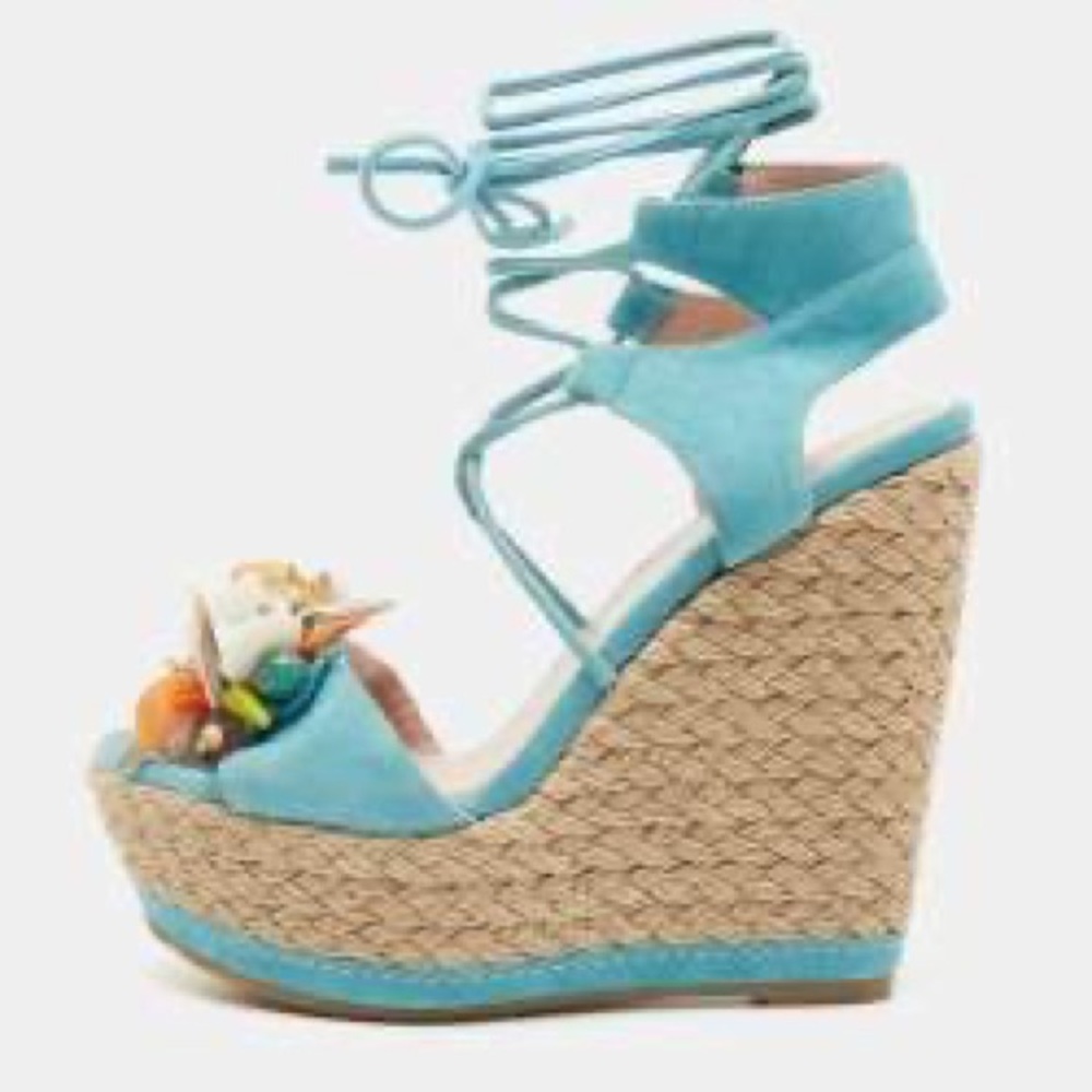 Stuart Weitzman Blue Suede Lace Up Wedge Sandals Size 7 1/2 worn once